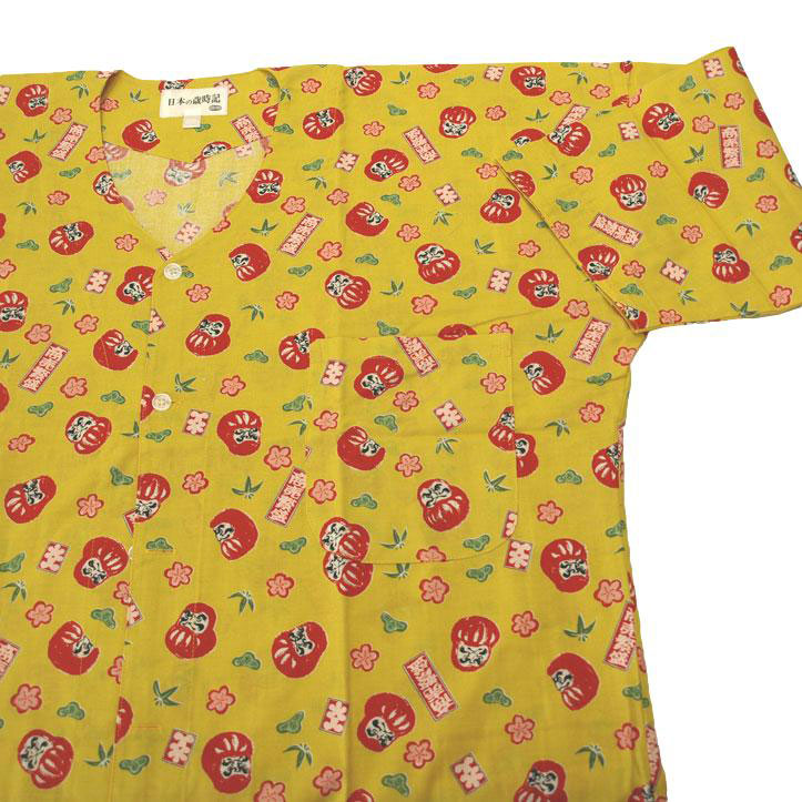 きもの FASHION 大岡 楽天市場店の鯉口シャツ 綿100％ 和柄 ユニセックス S〜3L 祭り衣装・飲食店ユニフォームに最適 伝統柄コットンシャツ No.sg-642 黄色地にだるま 大入・商売繁盛｜アングル2