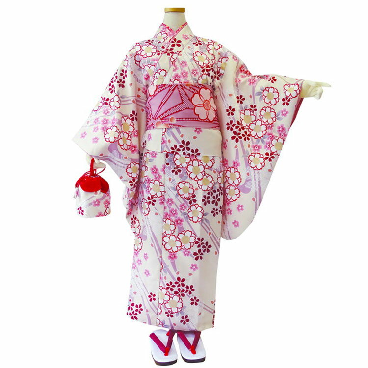 子供 女の子 R・KIKUCHI ジュニアアンサンブル9点セット、No,21 ・簡単着付きもの・伊達衿・半襦袢・半衿・結び帯・草履・足袋・巾着・腰紐(2本) お手入れも簡単、ご家庭で洗うことができます。140～160サイズからご選択ください。