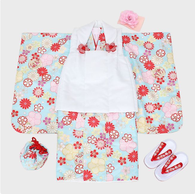 七五三・女児、被布コートセット・三歳用・着物+被布コート(白)+巾着+草履+髪飾り+三ツ身長襦袢