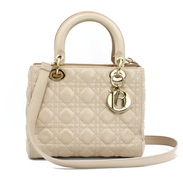Christian Dior ディオール バッグ レディディオールバッグ ミディアム ラムスキン ピンクベージュ ゴールド金具【送料無料】【中古】【D7011】