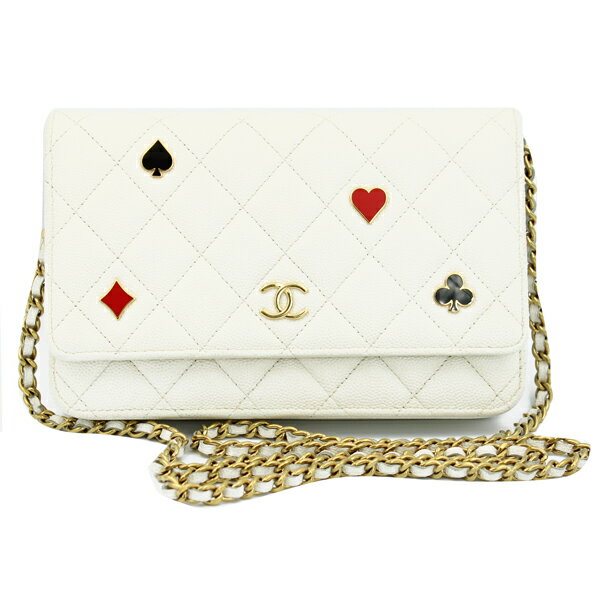 Rakuten - CHANEL シャネル 財布 クラシック チェーンウォレット キャビアスキン ホワイト ゴールド金具 AP3076【送料無料】【中古】【D7245】