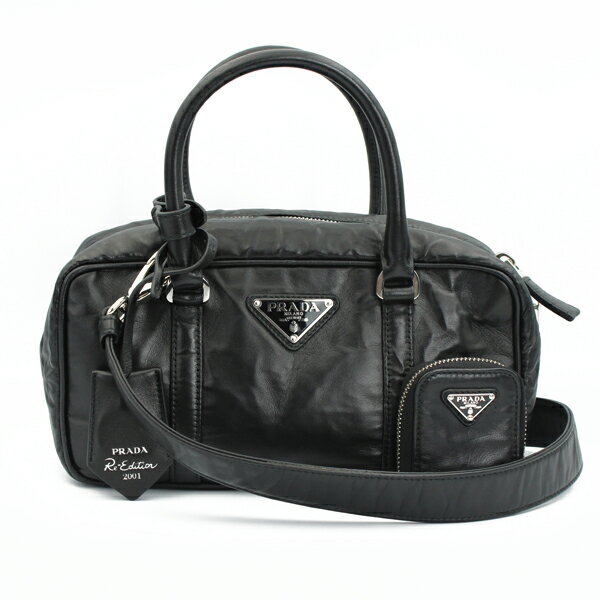 樂天商城 - PRADA プラダ バッグ ナッパアンティーク スモール トップハンドル Re-Edition 2001 ナッパレザー ブラック シルバー金具 1BB098【送料無料】【中古】【D7365】