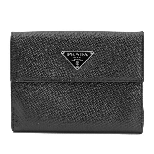 乐天商城 - PRADA プラダ 財布 二つ折り財布 サフィアーノ ブラック シルバー金具【送料無料】【中古】【D7414】