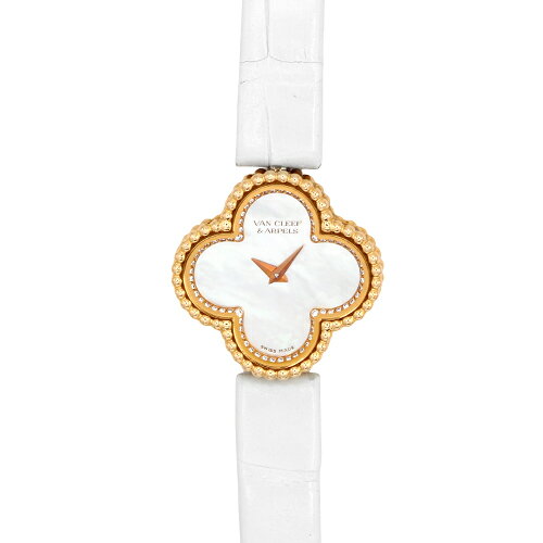 ヴァンクリーフ＆アーペル VANCLEEF&ARPELS スウィートアルハンブラ 2386240 PG×革 23mm×23mm ホワイトシェル文字盤 尾錠ダイヤ【送料無料】【中古】【レディース】【腕時計】