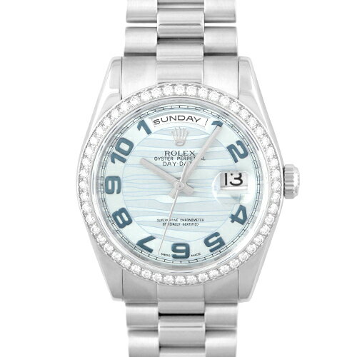ロレックス ROLEX デイデイト 118346 PT 36mm アイスブルーウェーブ文字盤 ベゼルダイヤ【送料無料】【中古】【メンズ】【腕時計】