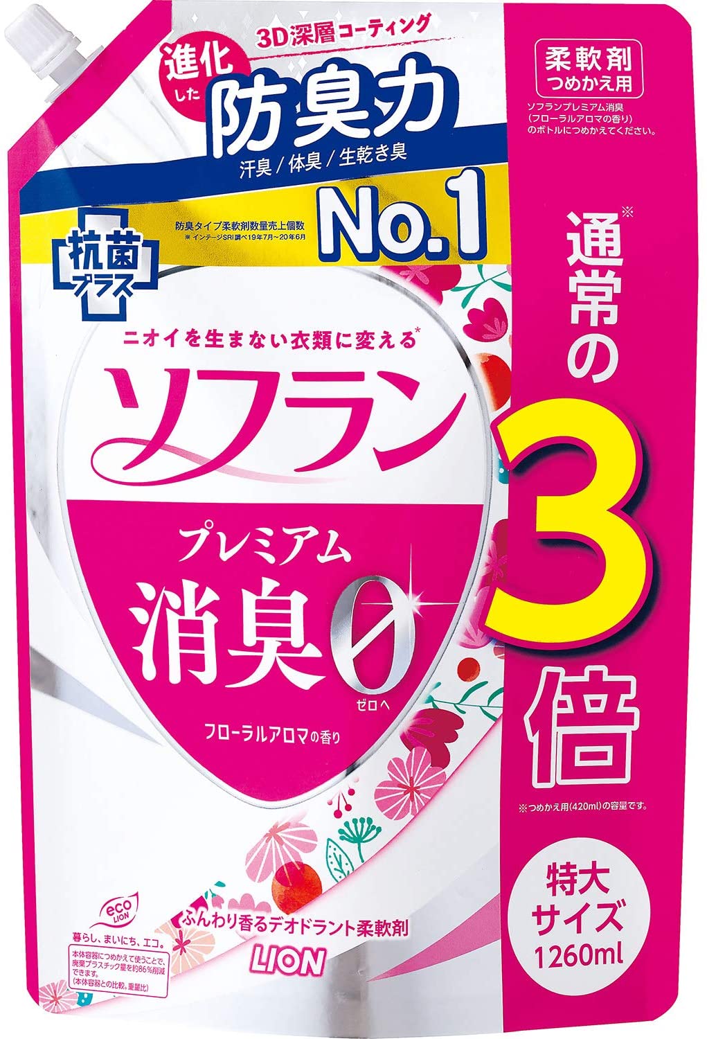 【送料無料 一部地域を除く】【1ケースまとめ買い6個】ライオン Nソフラン プレミアム消臭 柔軟剤 フローラルアロマの香り 詰め替え(1260ml)