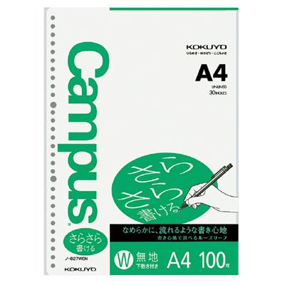 ◆この商品の、送料無料・まとめ買い購入（10冊）は こちらのページへ ●書き心地が軽い「さらさら書ける」タイプ　●A4（30穴）　●丸穴　●無地　●100枚　●紙質／上質紙（ECFパルプ）　●下敷き（厚紙）付き　※表面：横罫、裏面：方眼罫入り　●にじみにくく、インクが裏に透けにくいコクヨオリジナル原紙を使用しています　●また、長期保存に適した中性紙です ●メーカー：コクヨS＆T株式会社 〒537-8686 大阪市東成区大今里南6丁目1番1号 TEL： 0120-201-594 受付時間 午前9時から午後6時まで (土・日・祝日・年末年始・夏季休暇期間を除く)