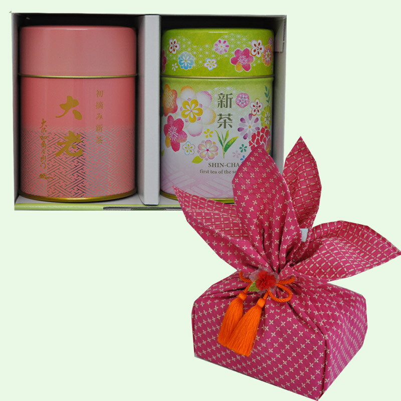 樂天商城 - 【予約受付中】【ネットショップ限定】鹿児島県産新茶缶＆初摘み新茶大老缶　小風呂敷包みセット　桃色