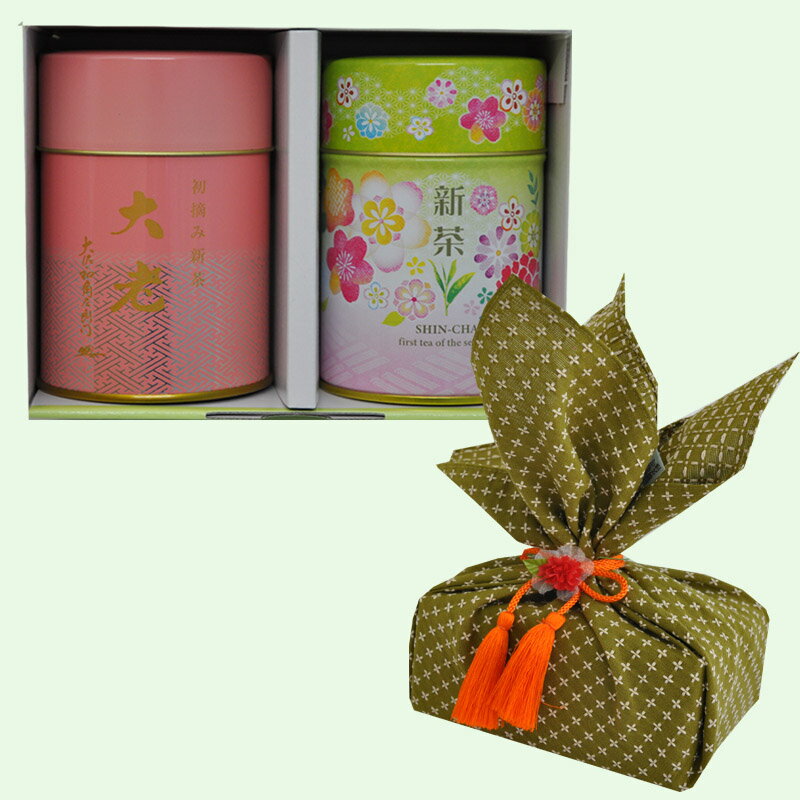 樂天商城 - 【予約受付中】【ネットショップ限定】鹿児島県産　新茶　＆初摘み新茶　大老缶　小風呂敷包みセット　利久色　※お渡し日5月8日以降