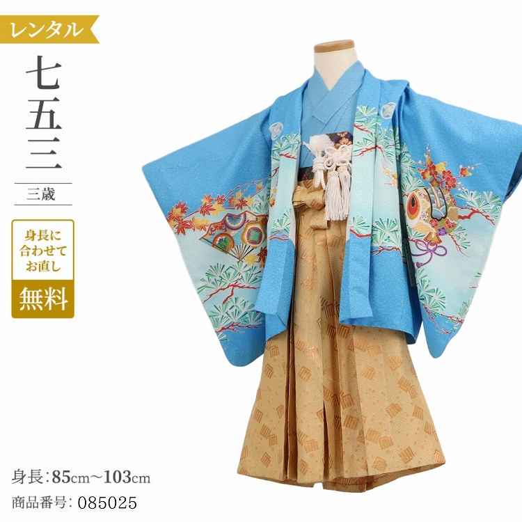＼お買い物マラソン ポイント2倍／ 七五三 3歳 袴 レンタル 七五三 着物 3歳 レンタル 男の子 レトロ おしゃれ ブルーのし亀甲鷹 【レンタル】 袴セット 草履 フルセット 七五三 着物 3歳 小さめ 肩上げ 無料