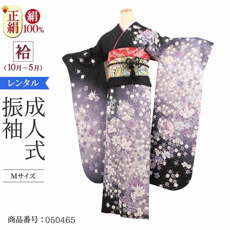 振袖 レンタル 黒 【Mサイズ 黒薄藤花輪舞】 振袖 レンタル 成人式 シンプル 1か月 振袖レンタル フルセット 結婚式 【レンタル】 大正ロマン 振袖 草履 バッグ 帯