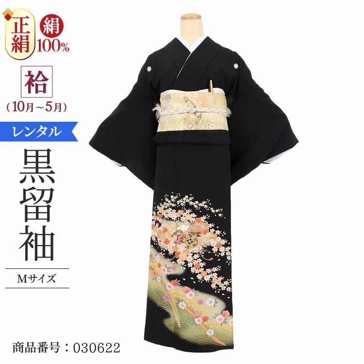 \お買い物マラソン お得なクーポン配布中!/ 黒留袖 レンタル Mサイズ 薄金小花に鼓文庫 正絹 留袖 レンタル 留袖レンタル 黒留袖レンタル 【レンタル】 黒留袖 袷 母親 20代 30代 40代 50代 60代