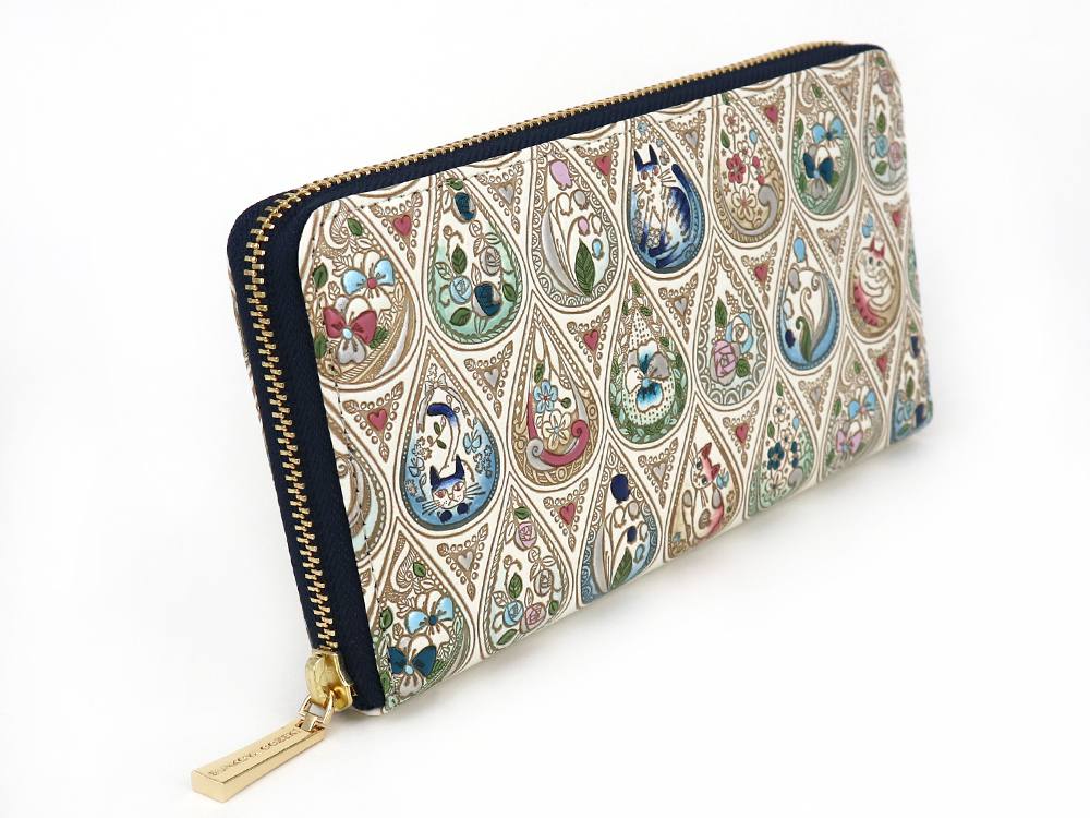 【可愛い皮革伝統工芸 文庫屋「大関」】花と猫＜インディゴ＞ ぐるっとファスナーの長財布