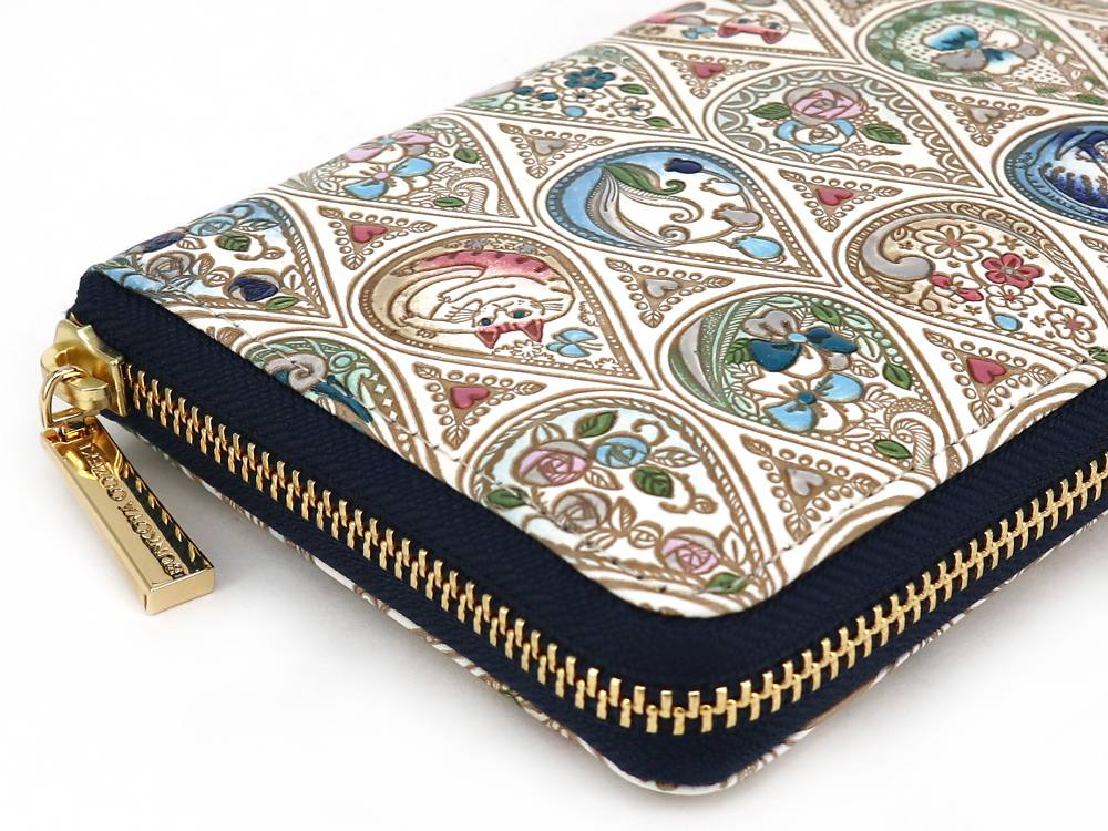 【可愛い皮革伝統工芸 文庫屋「大関」】花と猫＜インディゴ＞ ぐるっとファスナーの長財布