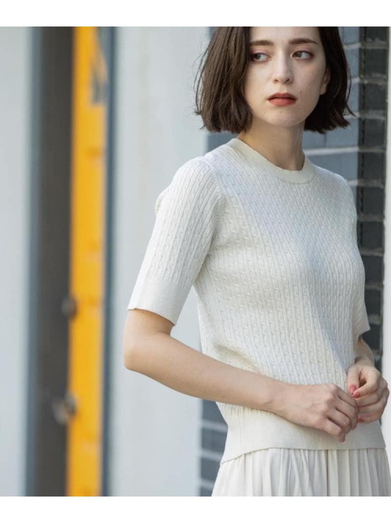 《6色展開/S-LLサイズ》ケーブルハーフスリーブニット【UVケア/洗濯機洗い可】 OPAQUE.CLIP オペークドットクリップ トップス ニット ホワイト ブラック ネイビー ワインレッド ブラウン グリーン[Rakuten Fashion]のサムネイル