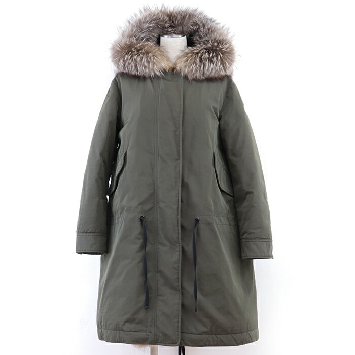 【美品】MONCLER モンクレール コート 2016年製 VERONIKA ヴェロニカ ダウンコート フォックスファー モッズコート M51 シグネチャー ロゴ パッチ ドローコード アウター レディース サイズ 1 カーキ【中古】