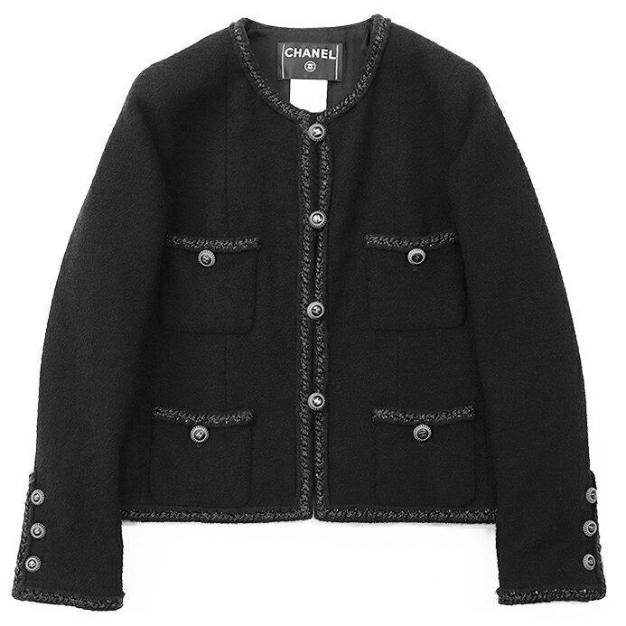 【美品】CHANEL シャネル ジャケット 08A P33858 ヴィンテージ リトルブラック ツイード メタリックトリム シグネチャー ロゴ COCOマーク ...