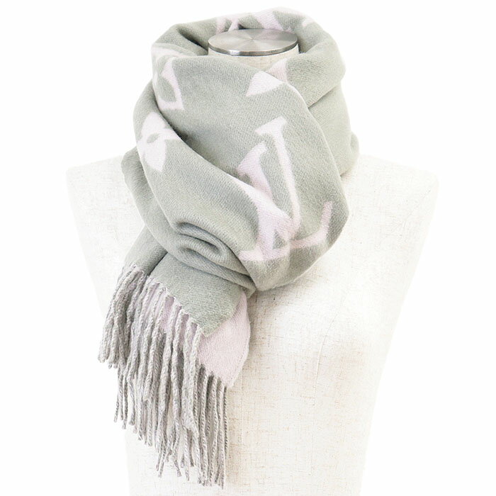 LOUIS VUITTON ルイ・ヴィトン マフラー エシャルプ・レイキャビック LV ジャイアントモノグラム ロゴ カシミヤ100% ダブルフェイス フリンジ ストール 大判 小物 メンズ レディース ユニセックス グレイッシュ ピンク カーキ スコットランド製【中古】(4)