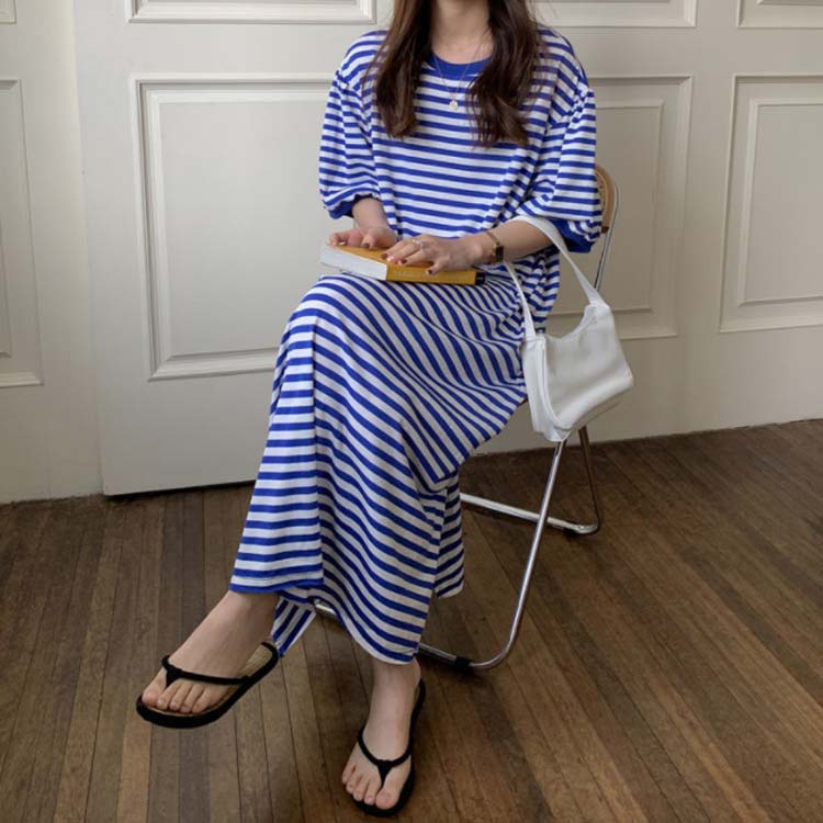 半袖 ネグリジェ マキシワンピース レディース マタニティ ビッグシルエット パジャマ ワンピース 細ボーダー柄 春 夏 産後 入院 ルームウェア 可愛い 夏 2