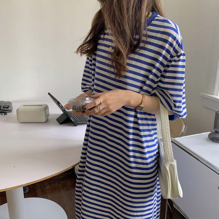 半袖 ネグリジェ マキシワンピース レディース マタニティ ビッグシルエット パジャマ ワンピース 細ボーダー柄 春 夏 産後 入院 ルームウェア 可愛い 夏 3