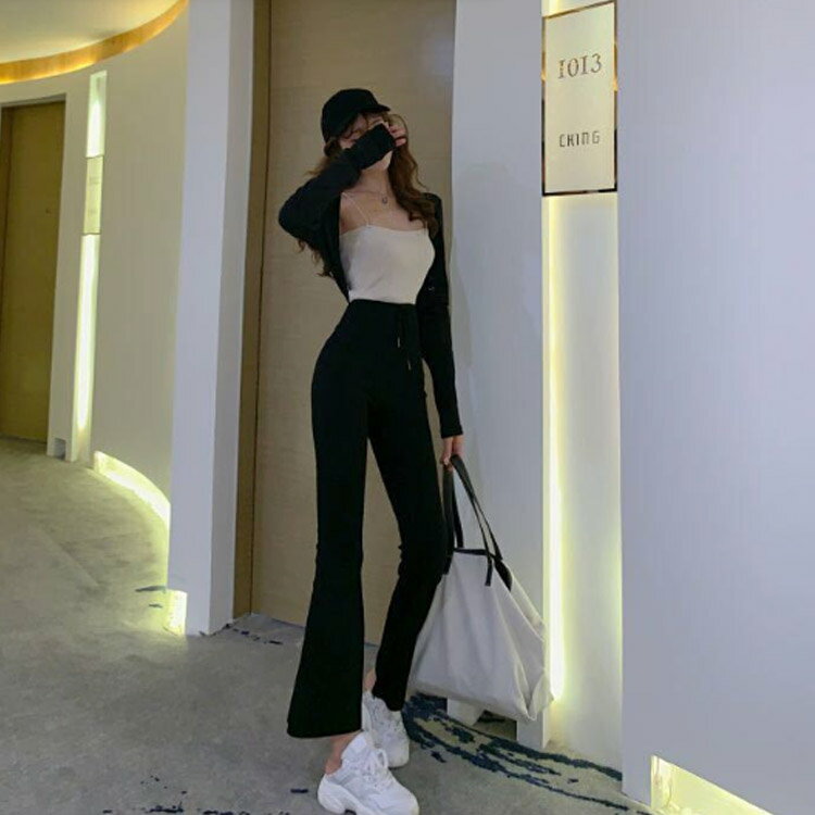 ブーツカット ロングパンツ リブ スウェット生地 イージーパンツ ハイウエスト フレアパンツ ボトムス レディース 9分丈 ウエストゴム ベルボトム カジュアル 春 夏 秋 黒 ブラック グレー ストレッチ