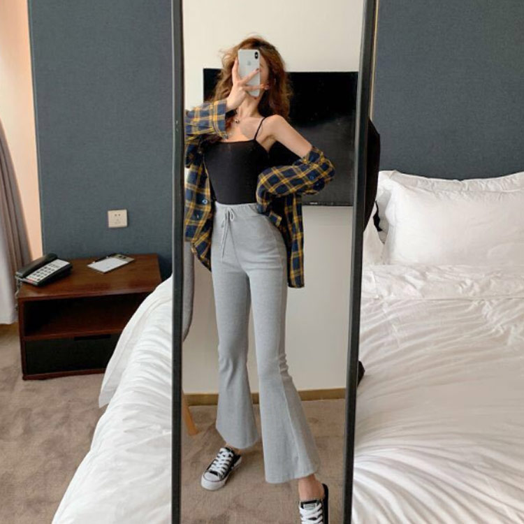 ブーツカット ロングパンツ リブ スウェット生地 イージーパンツ ハイウエスト フレアパンツ ボトムス レディース 9分丈 ウエストゴム ベルボトム カジュアル 春 夏 秋 黒 ブラック グレー ストレッチ