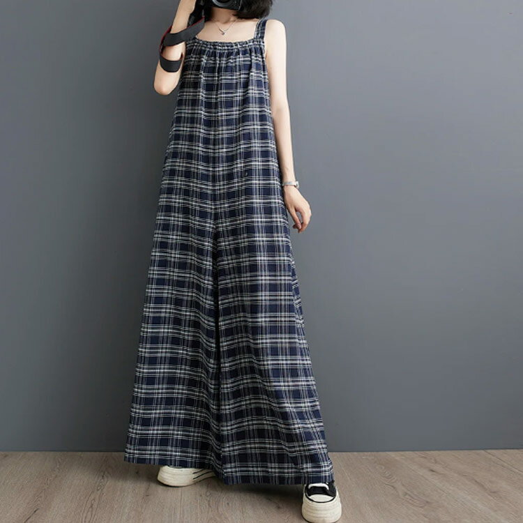 チェック柄 オールインワン サロペットパンツ レディース ロング丈 ワイドパンツ キャミサロペット スクエアネック ゆったり オーバーオール 体型カバー パンツ かわいい 美脚 サロペット 夏 秋 通勤 通学 春 着痩せ 大人