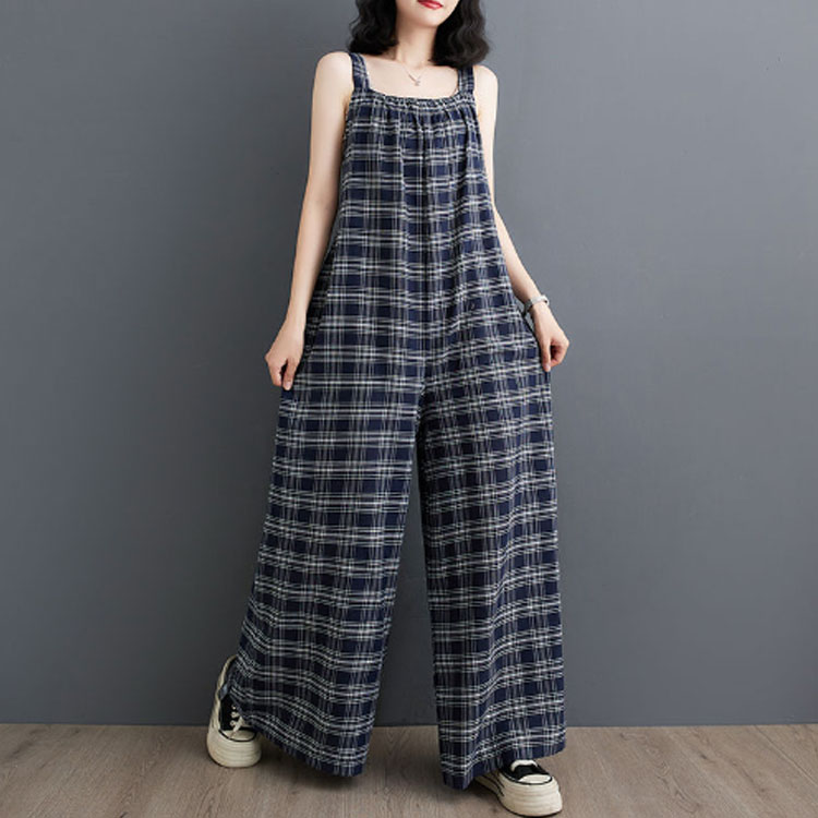 チェック柄 オールインワン サロペットパンツ レディース ロング丈 ワイドパンツ キャミサロペット スクエアネック ゆったり オーバーオール 体型カバー パンツ かわいい 美脚 サロペット 夏 秋 通勤 通学 春 着痩せ 大人
