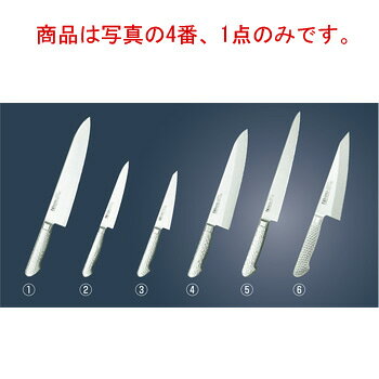 商品は写真の4番、1点のみです。 刃部……モリブデンバナジウム特殊鋼を用い、切れ味、長切れを重視 ハンドル部…… 18-8ステンレススチールモナカハンドル ガラスビーズショット仕上げによる、手触りのソフト化、滑り防止 刃部とハンドル部の（溶接による）一体化で、雑菌等の付着防止など、従来の木ハンドルの衛生面での問題を克服しました。 （手研本刃付） 【刃渡】18cm 【全長】313mm 【g】240g 【背厚】4.0mm