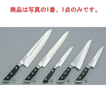 商品は写真の1番、1点のみです。 440Aを基本ベースとしたグレステン鋼は、何段階にもわたる特殊熱処理を行っています。耐蝕性、耐摩耗性、耐熱・耐寒性、靱性、硬度の安定性、切れ味に持続性など、品質を徹底追求して高度な機能を実現。従来の庖丁をあらゆる面でトータルに革新したプロの信頼に応える世界の銘品です。グレステンは一本一本専門の技術者が仕上げた本刃付けになっています。 【刃渡】24cm 【全長】370mm 【g】270g 【背厚】2.2mm ＜Tタイプの特長＞ 切断時に側面にかかる密着抵抗を最小にしてあります。庖丁側面に密着しにくいので作業性が良く、切れ味がよく、しかも刃研ぎの面積がせまいため、非常に研ぎ易い設計です。