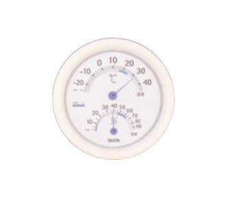 商品名 温湿度計 TT-513-WH サイズ：φ182×H32mm 測定範囲： 温度-20～40℃（1目盛2℃） 湿度10～90%（1目盛5%） 室内の温・湿度を正確に計るために、温湿度計の取付は直射日光のあたる場所やエアコンなどの送風が直接あたる場所は避けてください。