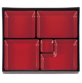 Lacquer Ware - A尺1寸長手ヘギ目 松花堂 5ッ仕切 朱天黒 (仕切りのみ) 1-366-4【弁当箱】【松花堂弁当】【松花堂】【お弁当】【仕切のみ】【業務用】