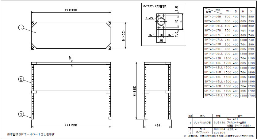 マルゼン 上棚（430ブリームシリーズ） SPT40-07LL【代引き不可】【業務用上棚】【業務用置棚】【作業台棚】【ステンレス棚】【キッチン収納】【業務用キッチン置き棚】【厨房収納】