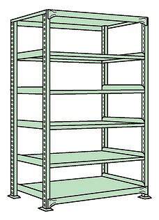 ※こちらの商品はメーカー直送のため代金引換はできません。 簡単ボルトレス構造なので組立て、中板移動、解体が間単に出来ます。 寸法：W900×D300×H2100mm 段数：6段 耐荷重(棚1段当り)：200kg 耐荷重(棚1連当り)：800kg 本体色：グリーン 25mmピッチ段替え可能 注意事項：棚板段数は、天棚及び底棚を含みます。