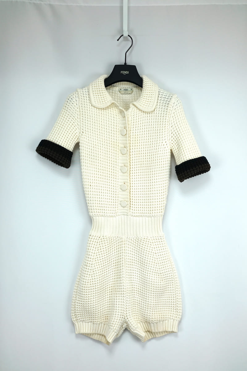 21SS FENDI Knitted Short-sleeve Romper In White 