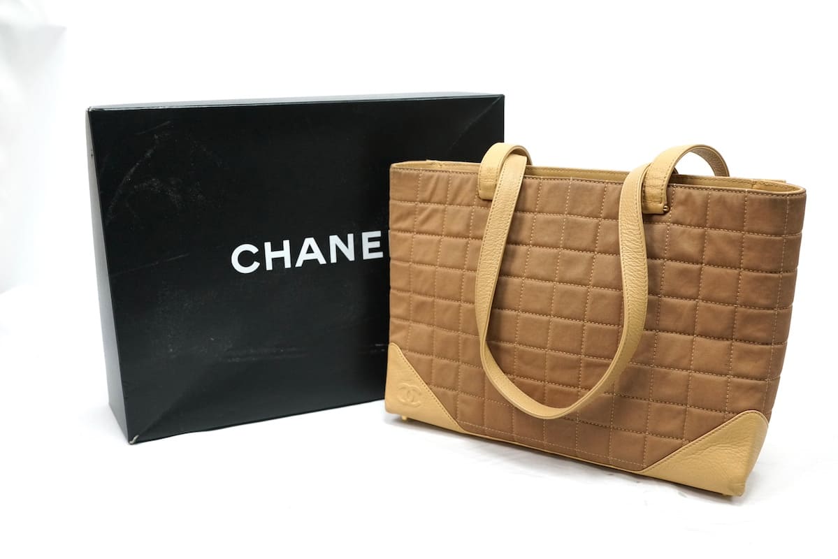 CHANEL Beige Brown Bicolor Shopper Canvas Leather シャネル トートバッグ キャンバス レザー 12ck712s【中古】