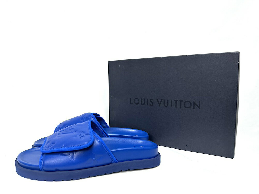 定価121000円 LOUIS VUITTON ルイヴィトン マイアミ ライン モノグラム ジャイアント エンボス レザー ミュール サンダル 9サイズ ブルー 1AA7SS【中古】新古品