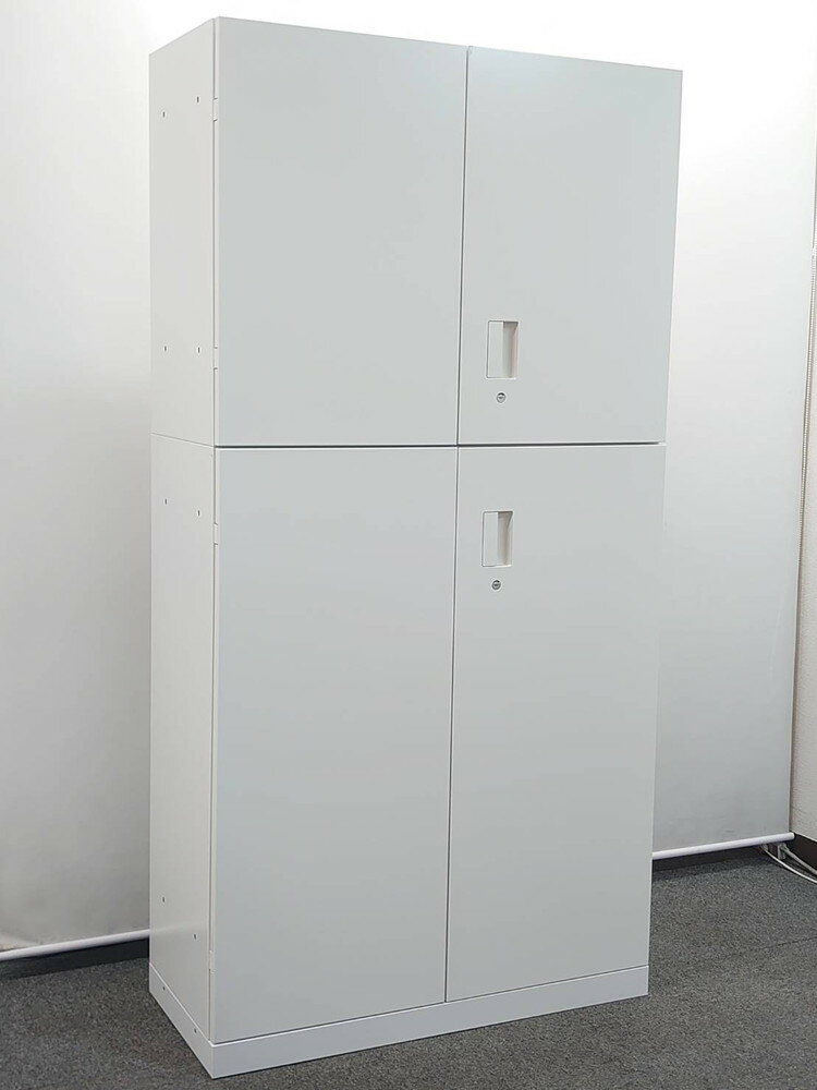 上下書庫 両開き キャビネット スチール 書庫 鍵付き 白 国産 中古 オフィス収納