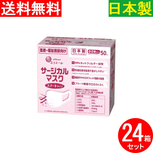 【送料無料】【補助金制度・助成金制度あり】エリエール サージカルマスク 1200枚入 不織布マスク 使い捨てマスク 小さめサイズ スマートタイプ 医療・福祉施設向け サージカルタイプ 日本製 国産 MADE IN JAPAN 高捕集性能 高通気素材 息がしやすい 99％カットフィルター