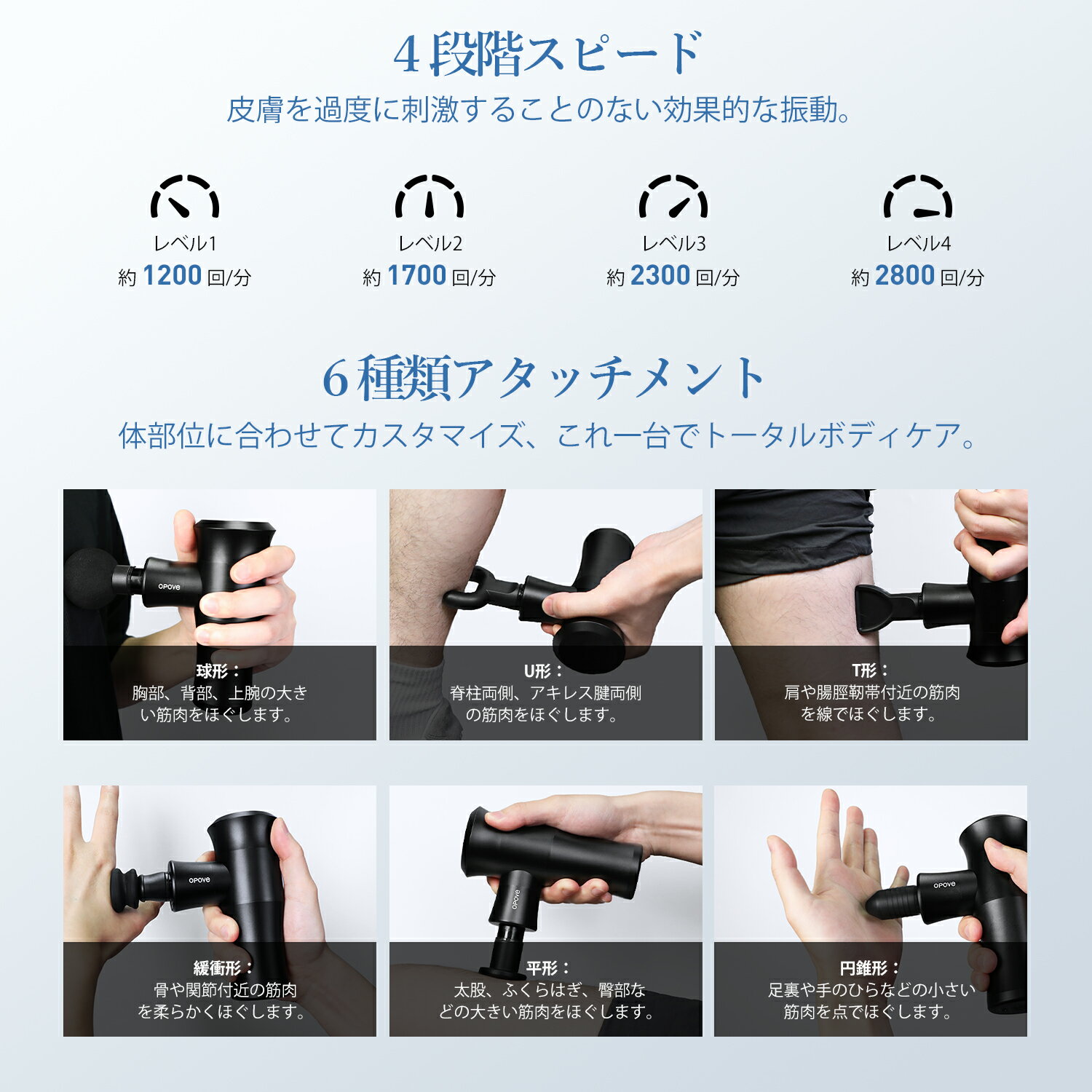 マッサージガン opove M3 Go 筋膜リリースガン 高性能なのにコンパクト 10mm振幅 最大約14kg耐圧 6種類アタッチメント 振動レベル4段階 トータルボディケア 一年間メーカー保証