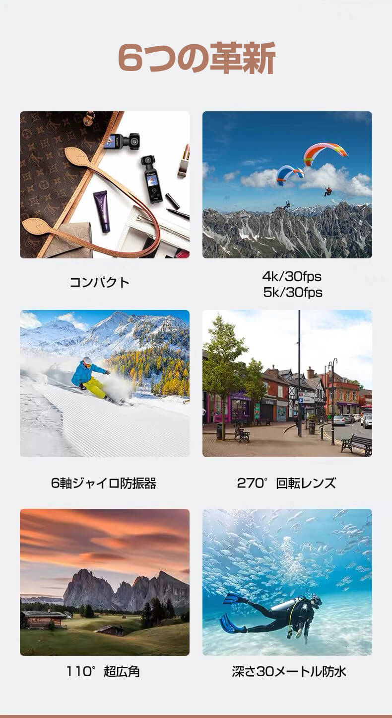 30M防水 アクションカメラ アクションカム 6軸手ブレ補正 4K高画質 270度回転レン...