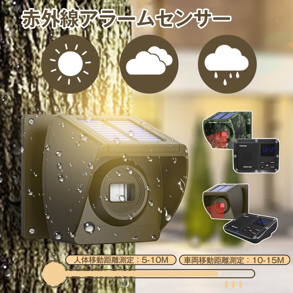 商品特徴 全方位保護：太陽光発電の屋外赤外線警報器が、あなたの財産を守ります。車道、池、果樹園のどこでも、常に監視して安心を提供！ 環境に優しい：太陽光発電を使用し、電源の心配なし。環境保護を楽しみながら、効率的なセキュリティを実現！ スマート感知：赤外線感知技術で、あらゆる不審な動きを敏感に探知し、即座に警報を発令。安全を確保します！ ワイヤレス設計：無線接続で、簡単に設置可能。複雑な配線は不要で、どこでも迅速に配置して、土地を保護します。 幅広い適用：家庭、果樹園、商業施設など、あらゆる場所に最適な安全対策で、盗難を防止！ 天候耐性：屋外専用に設計され、高温、低温に耐え、防水防塵。悪天候でも安心です！ 大音量警報：超大音量の警報音で、潜在的な侵入者をすぐに追い払います。安全を力強く守ります！ ユーザーフレンドリー：操作が簡単なインターフェースで、誰でも簡単に使用可能。家庭の安全をこれまで以上に簡単に確保できます！ 監視：リモート監視と制御が可能で、いつでもどこでも安全状況を把握。安心を携帯できます！ 商品仕様 品名：赤外線アラームセンサー 検知原理:熱源赤外線移動検知 検知距離:10メートル 検知角度:120° 防水防塵等級:IP56 外部電源:ソーラーパネル/DC5V 感知方法:移動検知 電池容量:1800mAh 動作電流:160mA 動作温度:-20℃〜+65℃ 無線周波数:433MHz（デュアルバンド） 無線通信距離:障害物のない場所で800メートル 材質:ABS＋PC 待機時間:ソーラーパネルによるリアルタイム充電待機 注意事項 ※画像はご覧になっているモニターやPCなどの環境により、実物と多少カラーが異なる場合がございます。 ※色味やサイズが異なるなどのクレームはご対応致しかねますので、ご了承ください。 品質保証 ◎※出品する商品は全て新品未使用です。 ◎※初期不良の場合は到着後1週間以内にご連絡ください。 ◎※初期不良の場合は写真やビデオをご提供下さい、確認後無料で新品交換もしくは御返金致しますのでご連絡下さい。 ◎※写真やビデオをご提供出来ない場合は技術者と確認できません、返品返金対応出来ない可能性が御座います、予めご了承ください。 関連キーワード（本商品の説明ではありません） 赤外線アラームセンサー 人感センサーチャイム 防犯センサー 無線 ドアチャイム ソーラー 防犯 チャイム防犯アラーム ソーラー充電式 配線工事不要 赤外線センサー搭載 動体検知 玄関 小型 防犯グッズ ワイヤレス人感チャイム アラーム 盗難防止 ソーラー充電式 人感センサー チャイム ワイヤレスチャイム 玄関 警報機 警告アラーム 防犯対策 見守り 防犯グッズ 店舗 センサー 来客 車の出入り ドア 徘徊 玄関 工事不要 大音量