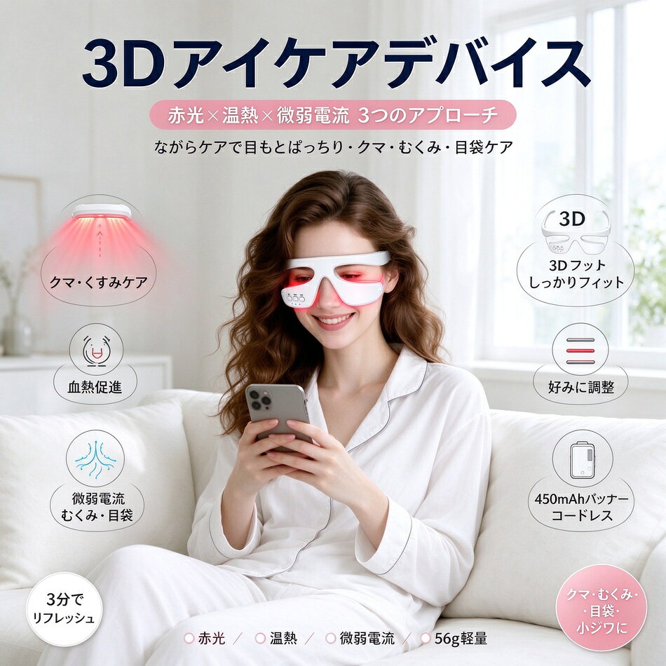 商品特徴 赤光照射：心地よい光で目もとケア 温熱機能：じんわりとした温かさで、スキンケアタイムをサポート 微弱電流 3 段階：3 段階の強さ調整が可能、心地よい刺激で目もとケア 3D フィット設計：立体形状で目もとにしっかりフィット 軽量約 56g：長時間装着でも疲れにくい コードレス充電式：450mAh バッテリー、USB 充電 かんたん操作：3 つのボタン（POWER / MSG / HOT） 3 分モード搭載：ながらケアに最適 商品仕様 製品名：目元美顔器 本体重量：約 56g 製品サイズ：15×14.4×5.7cm 総重量：約 170g パッケージサイズ：16×7.5×6.8cm 素材：ABS 光源色：赤 定格消費電力：5W 入力電圧：5V バッテリー：450mAh 注意事項 ※同じ注文で2点以上ご購入頂く場合には、分けて発送可能性がございます。 1.洗濯の際は色落ちの可能性がありますので単品手洗いでお願いいたします。 2.モデル着用写真は画面上のカラーと実物では、多少色味が異なって見える場合もございます。お客様が使用するパソコンのモニター設定や部屋の照明により多少、色の変化が感じられる場合がございます。 3.身幅はゆったりしており、着替え方は上から被って全身を覆います.着丈の長さとご自身の身長でのサイズ選びがお勧めです。推奨身長目安の±2〜3cmの差は適応するかと思います。 4.ご存知の通り海外の工場での縫製は日本の工場と比べますと、細かい点で雑に見えるものがございます。 5.画像はご覧になっているモニターやPCなどの環境により、実物と多少カラーが異なる場合がございます。 6.基本は全国一律発送無料と対応させていただきますが、沖縄・北海道へお届けの場合は2000円の送料をご請求させていただきます。 7.色味やサイズが異なるなどのクレームはご対応致しかねますので、ご了承ください。 8.商品のサイズは採寸方法によって、若干な誤差が生じる場合はあります。ご了承ください。 9.こちらの対応と商品について何かご不満がありましたら、「悪い評価」を付ける前に一度当方とご連絡ください。出品者の誠意を持って最後まで対応いたします。 10.当店は取り寄せ商品を販売しておりますなの、メーカー、仕入先の在庫保管方法の違いや、長距離輸送や航空輸送により、多少細かなキズ、汚れ等が見られる場合がございます。予めご了承ください。 11.初期不良品以外、イメージ、サイズや色の感じ違いの理由など、キャンセルや返品はお受けることができません。ご了承下さいませ。 品質保証 ◎※出品する商品は全て新品未使用です。 ◎※初期不良の場合は到着後1週間以内にご連絡ください。 ◎※初期不良の場合は写真やビデオをご提供下さい、確認後無料で新品交換もしくは御返金致しますのでご連絡下さい。 ◎※写真やビデオをご提供出来ない場合は技術者と確認できません、返品返金対応出来ない可能性が御座います、予めご了承ください。 関連キーワード（本商品の説明ではありません） アイケアデバイス 目元美顔器 目もとマッサージャー 赤光 LED 温熱美顔器 微弱電流 エイジングケア 目元ケア ながらケア コードレス USB 充電 軽量 プレゼント ギフト 誕生日 母の日