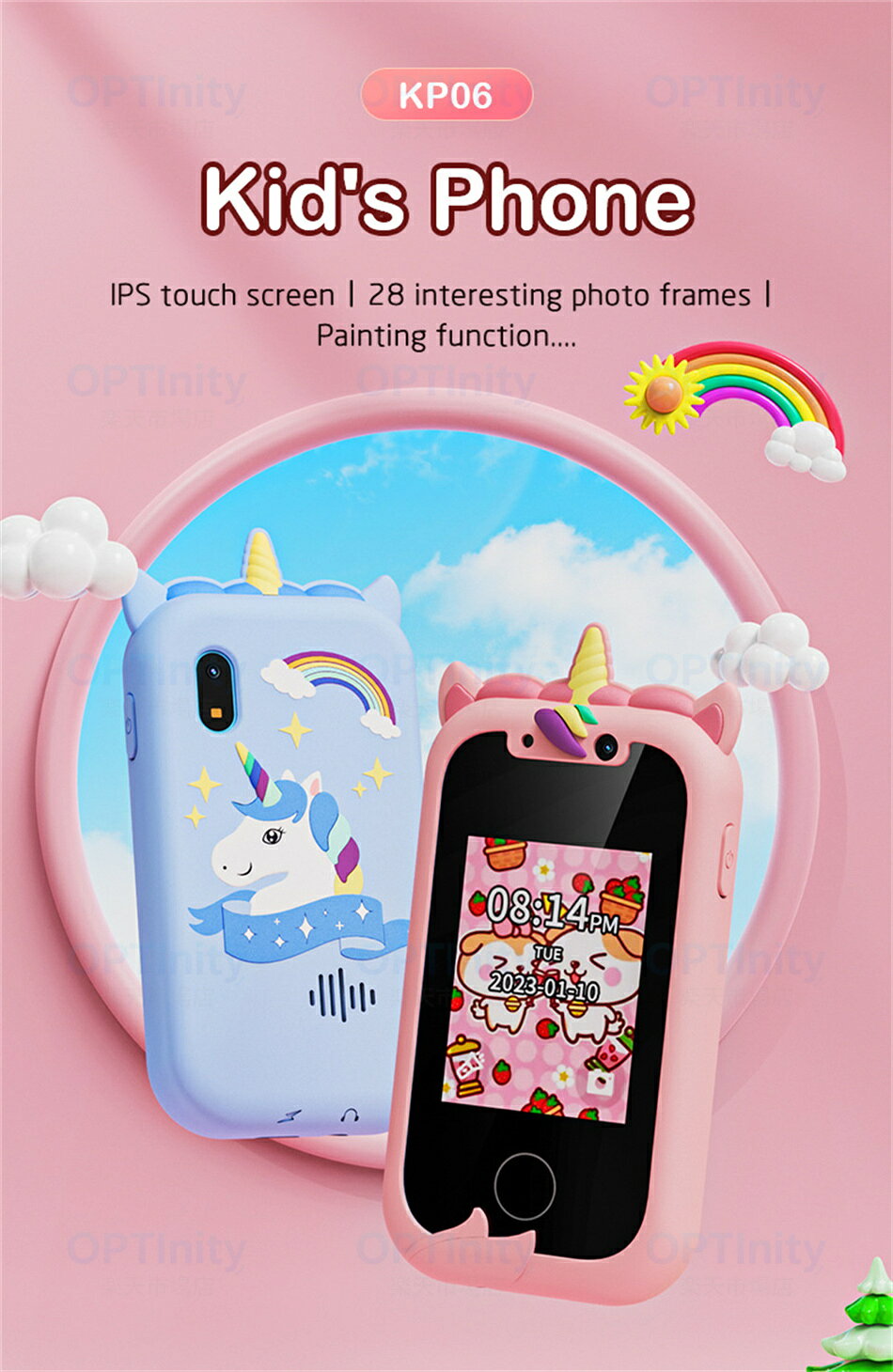 OPTInity 楽天市場店のキッズスマホ 子供用携帯電話 2.8インチ 写真/録画 IPS画面 絵を描く ストーリーボイス 世界地図 MP3プレーヤー付き 512MB 多色選択 子供用 スマートフォン 子ども用 知育おもちゃ キッズフォン 男の子 女の子 携帯電話 キッズカメラ キッズスマートフォン 小学生 知育玩具｜アングル2