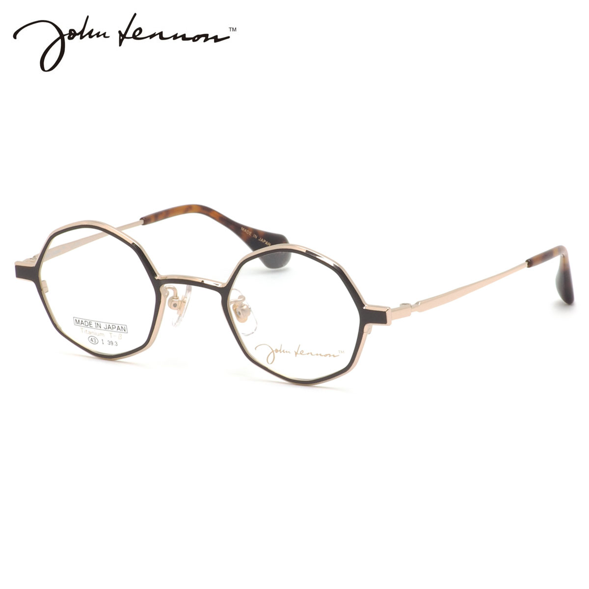 商品基本情報商品カテゴリー：メガネブランド名：John Lennon (ジョンレノン)型番：JL-P314 3 フレームカラー：ゴールド、マットブラウン レンズカラー：--紫外線カット率：--可視光線透過率：--鼻パッド：ありレンズシェイプ分類：その他フレームタイプ分類：フルリムフレーム材質：チタン レンズ材質：デモレンズおすすめの性別：ユニセックス ----------------------------------------------- おすすめの性別：男性にも おすすめの性別：女性にもオススメです。 -----------------------------------------------付属品：専用ケース、レンズクロス ※付属品の仕様は予告なく変更になる場合がございます。予めご了承くださいませ。状態：新品未使用正規品、日本製 デモレンズがセットされた状態での使用はできません。ご使用の際は必ずレンズを入れ替えてください。商品サイズ情報【A】レンズのよこ幅：43mm 【B】レンズのたて幅：39mm 【C】ブリッジ幅：23mm 【D】全体のよこ幅：130mm 【E】全体のたて幅：43mm 【F】テンプルの長さ：141mmメーカー公表サイズ：43□23-141電脳眼鏡が厳選したレンズについてご希望のレンズの屈折率やコートの種類等により、「NIKON」「SEIKO」「HOYA」などのメーカーが発売している多くのレンズの中から最適なレンズを厳選しています。例えば、最も販売数の多い1.60非球面レンズの場合、無色レンズでは「Nikon」をおすすめしていますが「HOYA」をご希望でしたら代替可能です。また、UV420カットレンズは、裏面UVカット標準装備等、高性能な「TOKAI」の『ルティーナ』を使用します。レンズメーカーのご指定をご希望の場合には、可能な限り対応いたします。当店おすすめのメーカーと指定可能なメーカーの一覧は、下記のとおりです。※当店指定のレンズに限らせていただきます。レンズ名の指定は、お受けいたしかねます。※ご指定可能なメーカー※ご希望のメーカーがご指定可能なメーカーのリストにない場合や、当店指定以外のレンズ、調光レンズ、偏光レンズ等、選択肢にないレンズもお問い合わせいただきましたら、ご対応の可否等についてお調べさせていただきます。その際、差額が発生する可能性がございますので、予めご了承ください。JL-P314 3 43『JL-P314』は、個性を際立たせるオクタゴンシェイプが特徴の一本。フロントに塗装を施し、配色のコントラストが生み出す立体的な奥行きが、洗練された印象を与えます。素材には、軽量かつ高強度のチタンを採用。精密な日本製ならではのクオリティが、快適な掛け心地と耐久性を実現。シンプルながらも、エッジの効いたフォルムと確かな存在感を放デザインです。北海道・沖縄＆離島も対象メガネ・サングラスはいつでも日本全国送料無料※小物など一部対象外商品がございます。