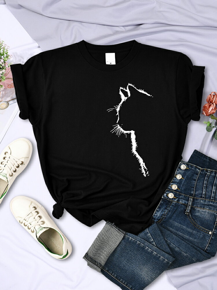 樂天商城 - シンプルなストロークの猫おかしいプリント女性 Tシャツファッションカジュアル半袖 O ネック人格ストリート Tシャツ服夏トップス