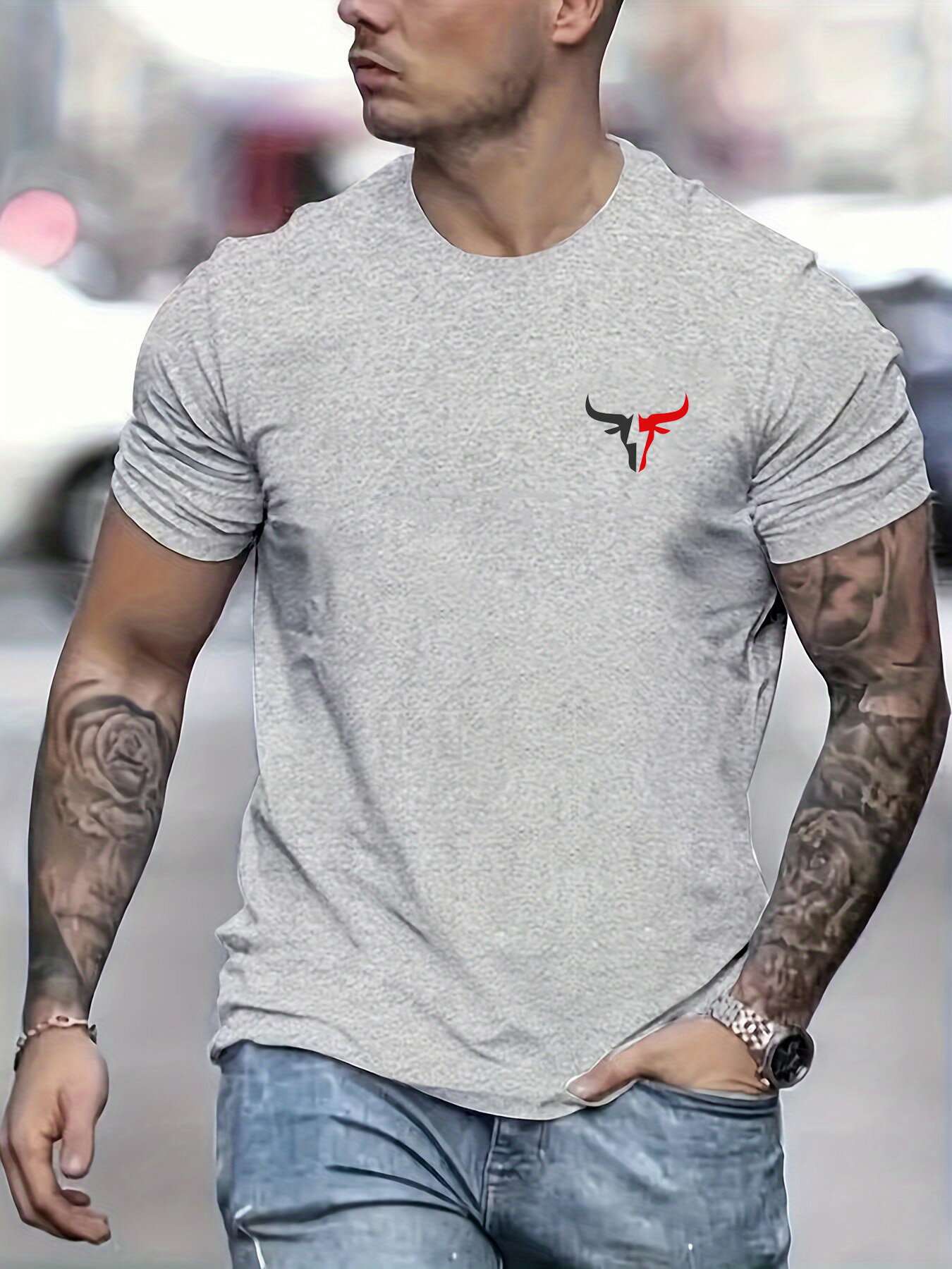 夏のメンズ綿 100% カジュアルルーズサイズ雄牛プリントラウンドネック半袖 Tシャツトップメンズストリート服ボタンアップ pullov