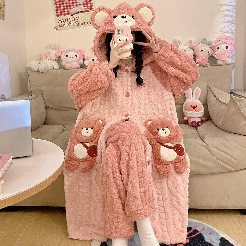 バスローブ レディース もこもこ 厚手 裏起毛 セットアップ クマ パジャマ 秋冬 ミモレ丈 ルームウェア..