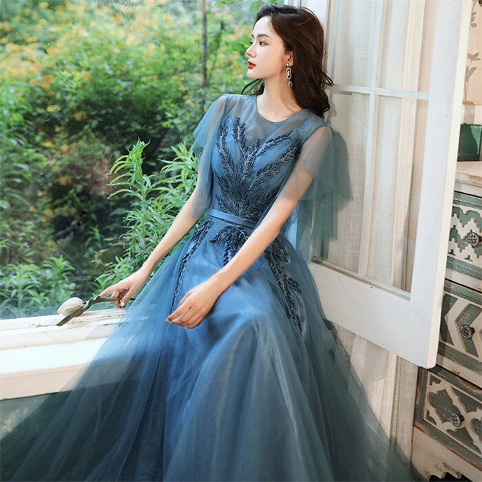 ドレス 大人 ピアノ発表会 パーティードレス ロング丈 レディース 演奏会 ブルー 袖有り 体型カバー 成人式 同窓会 Aライン 結婚式 ステージドレス 二次会 忘年会 ロングドレス ワンピース 上品 20代 30代 40代 50代 xz346d7d7x8