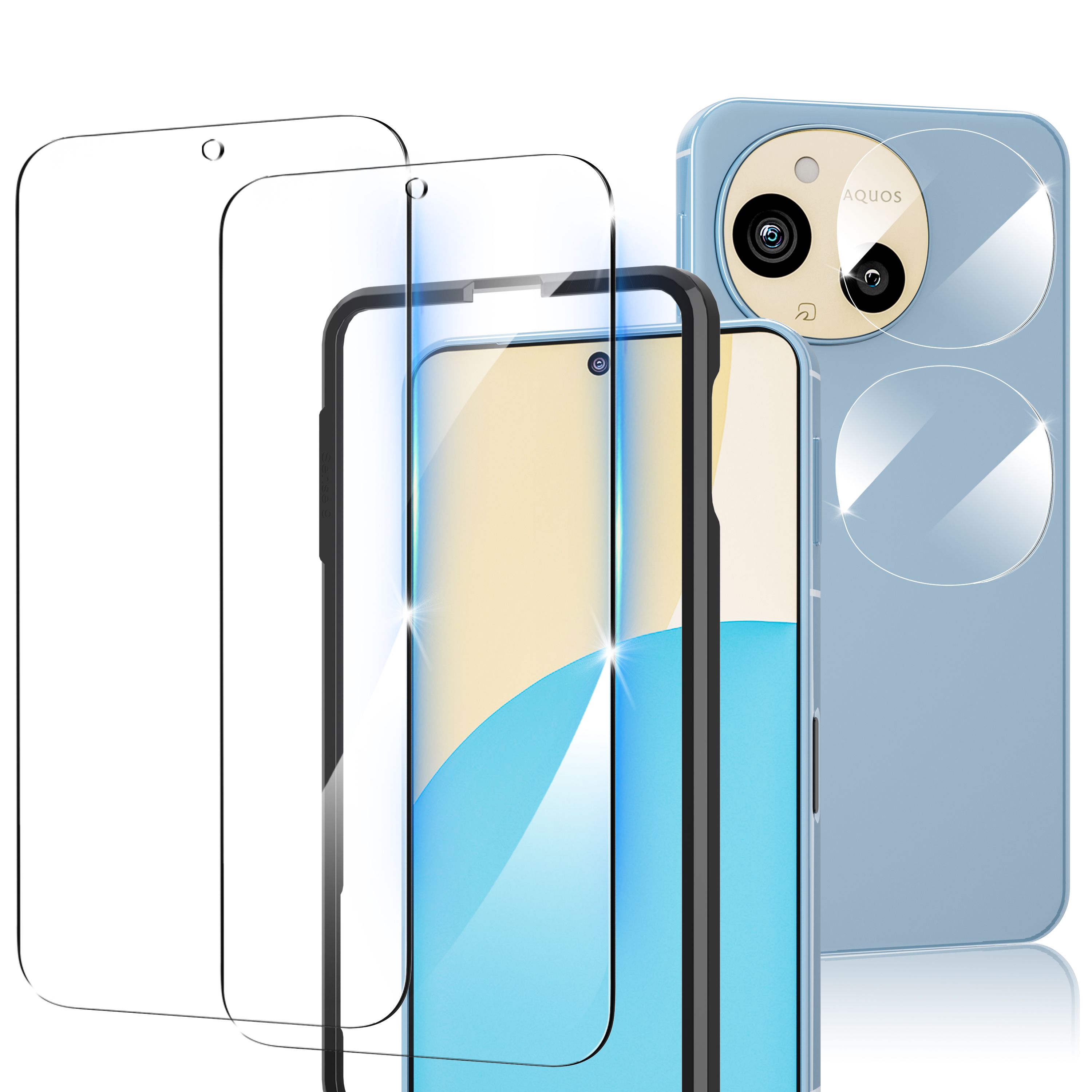 【4枚セット・ガイド枠付き】 AQUOS sense9 ガラスフィルム 2枚 +カメラフィルム 2枚 SH-53E SHG14 液晶保護フィルム 日本旭硝子採用 硬度10H 耐衝撃 指紋防止 強化ガラス AQUOS センス9 用 レンズフィルム + 保護フィルム 4枚入りのサムネイル